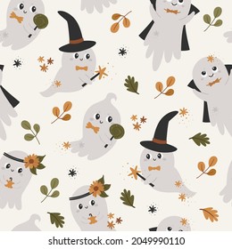 Halloween seamless pattern with cute ghosts