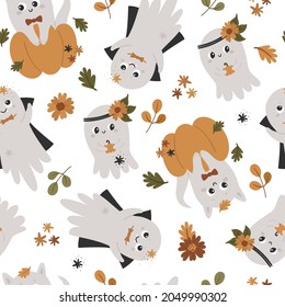 Halloween seamless pattern with cute ghosts.