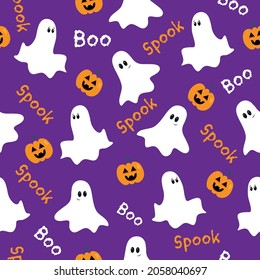 Halloween seamless pattern.  Cute ghosts and pumpkins on purple backround.
Good for textile print, wrapping and wall paper, decoration.