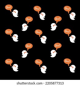 Halloween seamless pattern with cute ghosts with boo sound
on black background.