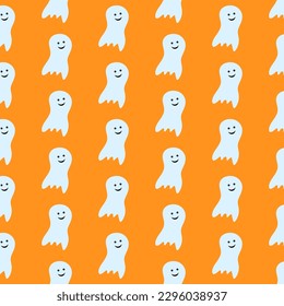 Halloween seamless pattern with cute ghosts on orange background Texture for wrapping and fabric Vector illustration 