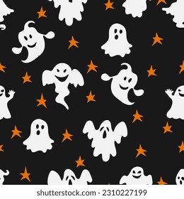 Patrón sin fisuras de Halloween con fantasmas y estrellas lindas. Elegante y espeluznante textura de vacaciones perfecta para envolver regalos, decoración casera y textiles. Ilustración del vector