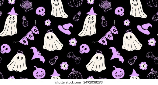 Halloween seamless pattern with cute ghosts, witch hat, boo bunting, pumpkins, bat, skull, flowers, bows, spider web and potion. Vector illustration in purple, black and white colors.