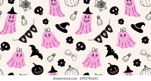 Halloween seamless pattern with cute ghosts, witch hat, boo bunting, pumpkins, bat, skull, flowers, bows, spider web and potion. Vector illustration in pink, black and white colors. October holiday.