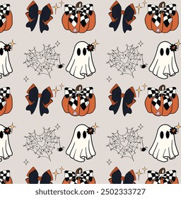 Halloween seamless pattern with cute ghosts, witch hat,, pumpkins, bows, coquette, spider web. Holiday backdrop for wrapping paper, fabric, textile, scrapbook.