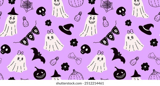 Halloween seamless pattern with cute ghosts, witch hat, boo bunting, pumpkins, bat, skull, flowers, bows, spider web and potion. Vector illustration in purple, black and white colors.