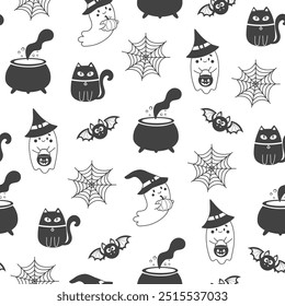 Halloween seamless pattern. Cute ghosts, spider web, bats, witch's brew and black cat on white background. Halloween silhouettes. Holiday cartoon seamless pattern.