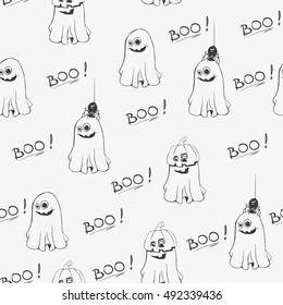 Halloween seamless pattern with cute ghosts and text Boo. Hand drawn vector illustration, vector EPS10