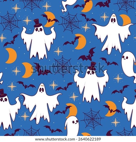 Halloween Seamless Pattern with Cute Ghosts, Stars, Moon, Bats and Spider Web in Hand Drawn Style. Spooky cartoon character. Ghost icon. Playful night spirit with decorations. perfect for cards