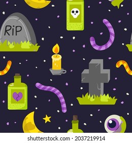 Halloween seamless pattern. Cute gravestones and worms. Vector illustration