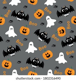 Halloween seamless pattern.  Cute hand drawn baby bat, pumpkin, spider, and ghost on gray backround.
Good for textile print, wrapping and wall paper, decoration.
