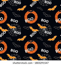 
Halloween seamless pattern. Cute hand drawn bat, on a black background. Suitable for textile printing, packaging and wallpaper, decor. Modern flat illustration