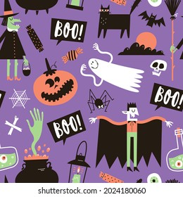 Halloween seamless pattern with cute hand drawn characters. Vector illustration