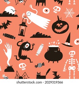 Halloween seamless pattern with cute hand drawn characters. Vector illustration