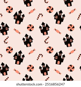 Halloween seamless pattern with cute haunted gouse, castle, candy on a pink background