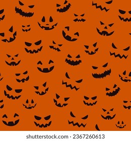 Halloween Seamless Pattern with Cute Horror Black Pumpkin Emotions on Black Background. Cartoon Pumpkin Wallpaper for Halloween Design. Vector Autumn Background 