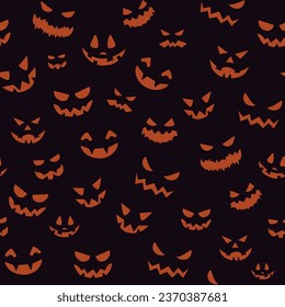 Halloween Seamless Pattern with Cute Horror Orange Pumpkin Emotions on Black Background. Cartoon Pumpkin Wallpaper for Halloween Design. Vector Autumn Background 