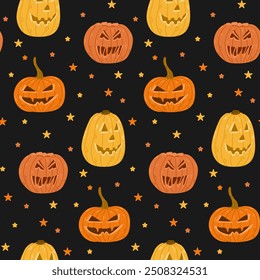 Halloween seamless pattern with cute jack o lantern pumpkins in flat hand drawn style on dark background. Funny textile or wrapping design of characters with different face expressions.