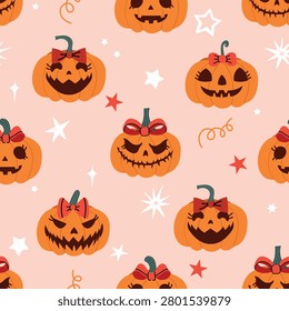 Halloween seamless pattern with cute jack o lantern pumpkins decorated with bows, stars and playful spooky details. Girly seasonal design for wrapping paper, party decor, textiles and autumn prints.