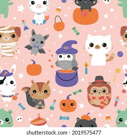 Halloween seamless pattern and cute kawaii animals in costumes  Funny cartoon characters    hedgehog  bear  bunny  cat  dog  owl  squirrel  pony   bat  Vector illustration 