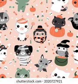 Halloween seamless pattern with cute kawaii animals in different costumes. Cartoon characters. Childish vector illustration for print on fabrics, posters, greeting cards and wallpaper for nursery.