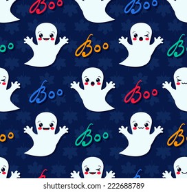 Halloween seamless pattern with cute kawaii ghosts