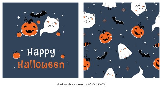 Halloween seamless pattern with Cute kawaii cat ghost and pumpkins. With text " Happy Halloween ". Design for print, fabric, wallpaper, wrapping, card, poster. vector illustration