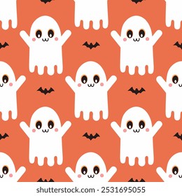 Halloween seamless pattern with cute kawaii ghosts and little bats on orange background. Perfect for holiday decorations, crafts, wrapping paper and Halloween designs.