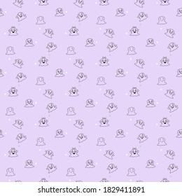 Halloween. Seamless pattern with cute little cartoon ghosts and different emotions on light background - joy, relaxation, happiness. Vector. Outline. Template for paper, textile, decor and web design 