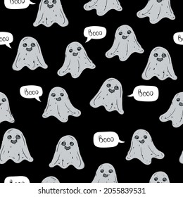 Halloween seamless pattern of cute little ghosts with babble speech
