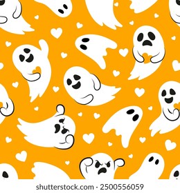 Halloween seamless pattern with cute little ghosts. White ghosts on orange background. Pattern for fabric, paper, textile, card design