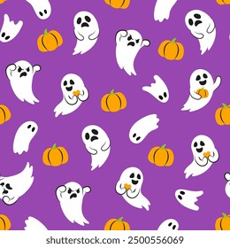 Halloween seamless pattern with cute little ghosts and pumpkins. White ghosts on purple background. Pattern for fabric, paper, textile, card design