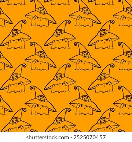 Halloween seamless pattern with a cute little ghost in a witch hat, doodle drawing, vector illustration, black line on orange background