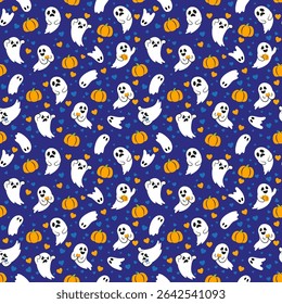 Halloween seamless pattern with cute little ghosts. White ghosts on dark blue background. Pattern for fabric, paper, textile, cards design