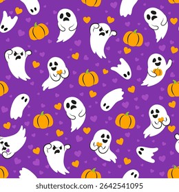 Halloween seamless pattern with cute little ghosts. White ghosts on purple background. Pattern for fabric, paper, textile, cards design