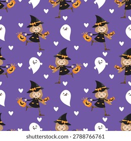 Halloween seamless pattern with cute little witch, ghost, and pumpkin basket. Happy Halloween repeat pattern with adorable witch girl, sweet candies, and hearts on purple.

A charming and whimsical Halloween seamless repeat pattern featuring an adorable little girl dressed in a cute witch costume with a black hat, holding a sweet candy and a pumpkin basket for trick or treating. This playful holiday vector illustration includes friendly white ghosts and small hearts scattered on a vibrant purple background. Perfect for children's autumn apparel, festive gift wrapping paper, holiday stationery, nursery decor, and Halloween party packaging.