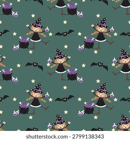 Halloween seamless pattern with cute little witch girl and magic cauldron. Adorable witch brewing purple potion repeat pattern with stars and bats on green.

A charming and whimsical Halloween seamless repeat pattern featuring a happy little witch girl in a polka dot hat holding potion bottles. This playful holiday vector illustration showcases her brewing a bubbling purple magic potion in a black cauldron, surrounded by friendly flying bats and twinkling stars on a trendy dark sage green background. Perfect for autumn children's clothing, festive fabric design, gift wrapping paper, holiday stationery, and cute spooky packaging.