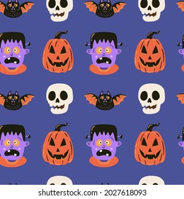 Halloween seamless pattern with cute monster, skull, bat and pumpkin. Spooky vector illustration. Holiday background. Hand drawn endless texture for textile, wrapping paper, fabric design.