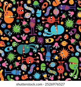 Halloween seamless pattern, cute monsters as vector illustration for fashion projects, children, kids, nursery, costume, home decoration, clip art set, vector illustrations, space elements, creatures