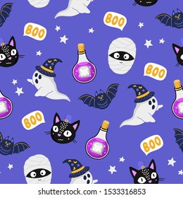 Halloween seamless pattern with cute mummy, ghosts, black cats, bats and poison bottles. Hand drawn vector backdrop. Fabric, wrapping paper design.