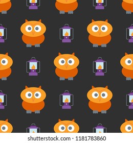 Halloween seamless pattern with cute owl and lantern background. Design for background, wallpaper or gift wrapping paper. Vector illustration. 