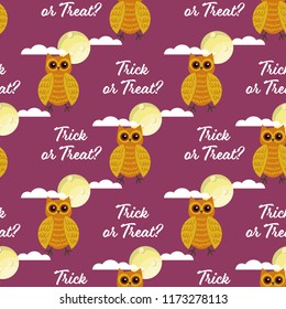 Halloween seamless pattern with cute owls  and Trick or Treat? text