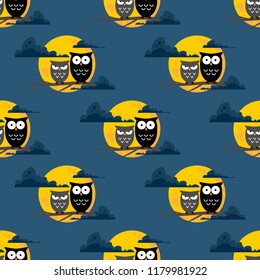 Halloween seamless pattern with cute owls and full moon.