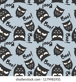 Halloween seamless pattern with cute owls  and Boo! text