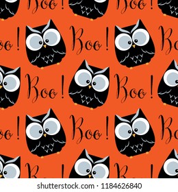 Halloween seamless pattern with cute owls and Boo! text