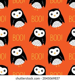 halloween seamless pattern with cute owls and text on orange background, festive print, simple design, vector illustration