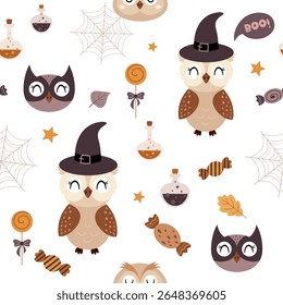 Halloween padrão sem costura com corujas bonitas, teia de aranha, poção, doces. Plano de fundo vetor de Halloween assustador.