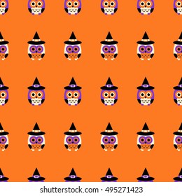 Halloween seamless pattern with cute owls