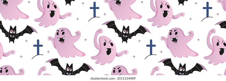 Dia das Bruxas padrão perfeito. Fantasma rosa bonito com morcegos. Boo assustador Poltergeist. Personagens de desenho animado. Halloween fundo festivo com morcego, fantasma. Truque ou deleite. Ilustração plana vetorial.