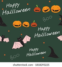 Halloween seamless pattern, cute, poster, banner, card design, packing fabric, textile vector for kids pattern, happy halloween text. Cute monster, vampire pattern, fabric design. 